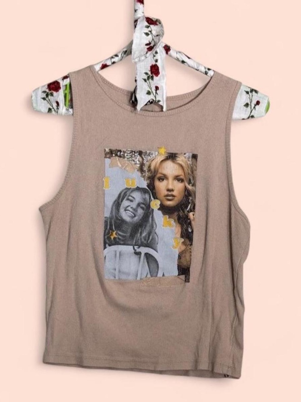 Vintage Britney Spears Lucky Ribbed Taupe Graphic Tank Top M